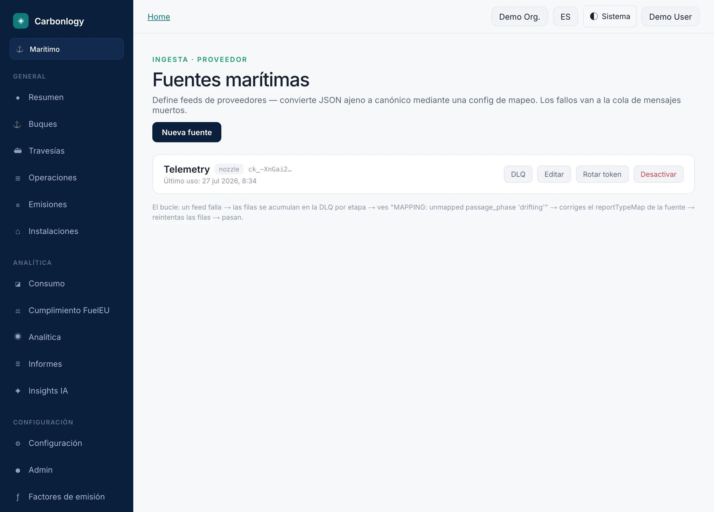 Fuentes marítimas — configuración del mapeo y cola de mensajes fallidos